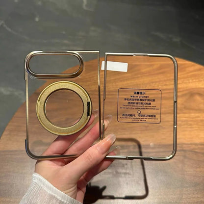 For iPhone Duo Case for Magsafe 360 Rotate Bracket Case for iPhone Duo Fold Transparent Plating Bulit-in Screen Protector Cover