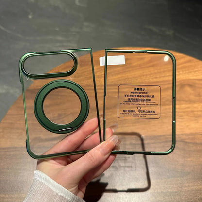 For iPhone Duo Case for Magsafe 360 Rotate Bracket Case for iPhone Duo Fold Transparent Plating Bulit-in Screen Protector Cover