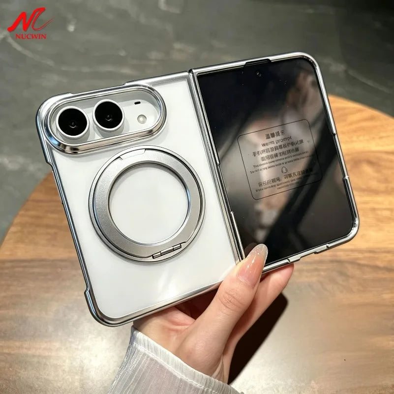For iPhone Duo Case for Magsafe 360 Rotate Bracket Case for iPhone Duo Fold Transparent Plating Bulit-in Screen Protector Cover