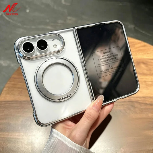 For iPhone Duo Case for Magsafe 360 Rotate Bracket Case for iPhone Duo Fold Transparent Plating Bulit-in Screen Protector Cover